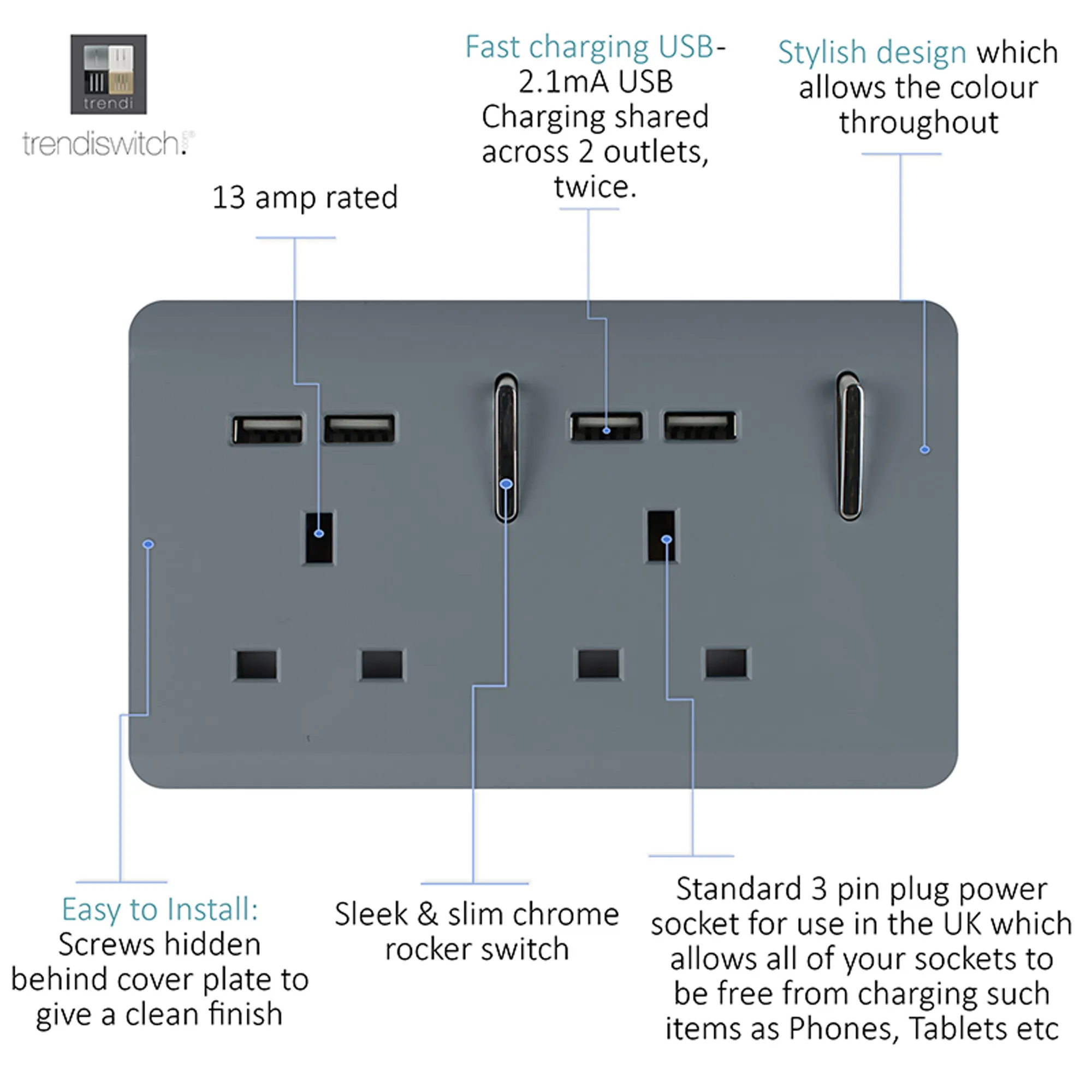 2 Gang 13Amp Switched Double Socket With 4X 2.1Mah USB Warm Grey ART-SKT213USBWG  Trendi Warm Grey